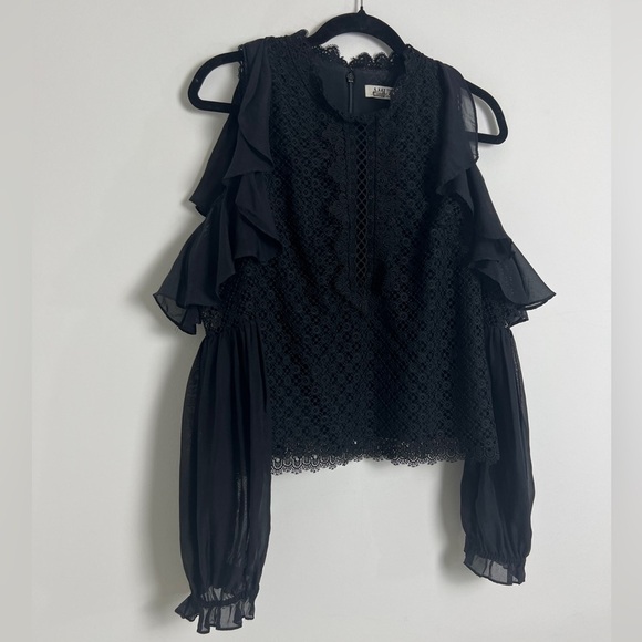 AMUR Pandora Black Lace Chiffon Cutout Shoulder Whimsygoth Victorian Blouse Sz M - Picture 4 of 14